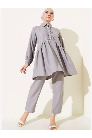Lovie Moda Kadın Önü Fırfır Detaylı Takım Gri