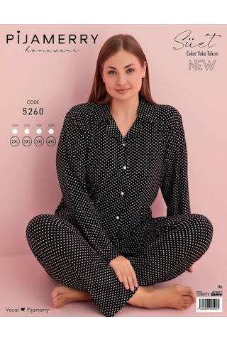 Pijamerry Kadın Büyük Beden Gömlek Yaka Süet Uzun Kol Pijama Takımı 5260- 1 Adet 001