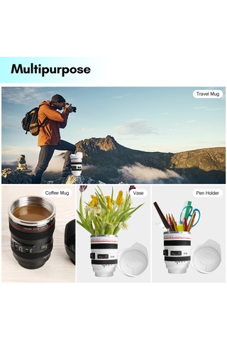 Moveevo Kamera Lens Tasarımlı Paslanmaz Çelik Termos Bardak, 400ml, Damlacık Önleyici, Fotoğraf Severler İçin, Beyaz Beyaz