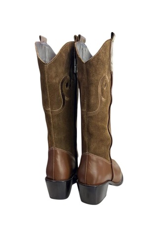 Tufan Shoes Taba Hakiki Deri Ve Süet İşleme Detaylı Western Çizme Taba