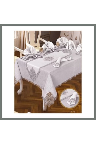 Mmb-trade Elegant Linen Krem-gümüş 26 Parça 12 Kişilik 160 260 Cm Masa Takımı Mmbz