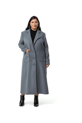 Büyük Beden Ceket Yaka Torba Cepli Astarlı Uzun Mavi Kaşe Kaban-mavi Mavi