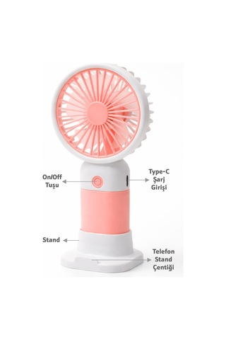 Standlı 3 Mod Şarjlı El Fanı 5 Kademe Seyahat Masaüstü Vantilatör Taşınabilir Mini Fan Pembe F139