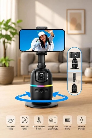 Delux Serisi Mobil Stant Çekim Tutucu İçerik Aracı Tripod 360 Yüz Takip Gimbal P03 Siyah