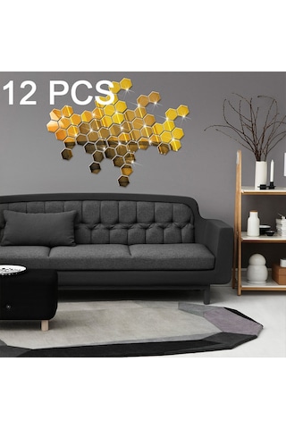 Sones 12 Adet 3d Altıgen Ayna Duvar Sticker Seti, Boyut: 4 4cm Altın Diğer