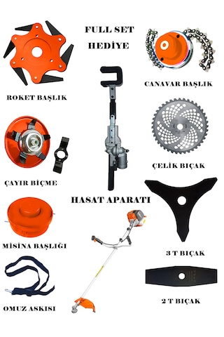 Eisenn 2000 Seri Yan Tip Benzinli Motorlu Tırpan + Zeytin Badem Hasat Makinesi 10 Parça Özel Set