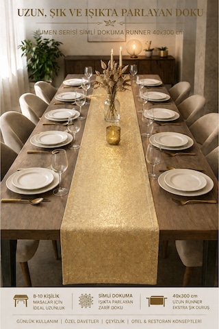Lumen Serisi Silver 40x300 Cm Simli Dokuma Uzun Runner Modern Lüks Masa Örtüsü 8-10 Kişilik Altın