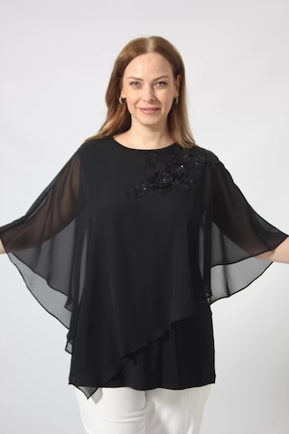 Moda Berray 5040 Pul Payet Aplikli Şifon Kombin Büyük Beden Şık Bluz Siyah