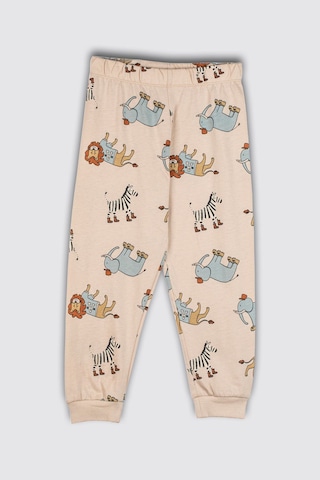 Zuzunga Sevimli Animal Aslan-zebra-fil Desenli %100 Pamuk Interlok Çocuk Pijama Takımı Bej