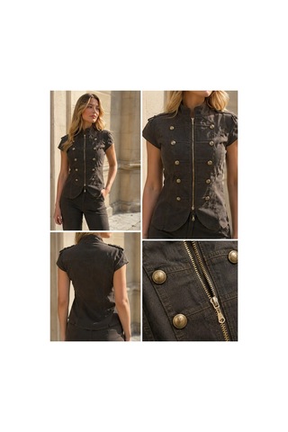 Kahve Gold Düğme Detaylı Bluz Pantolon Takım S Kahverengi