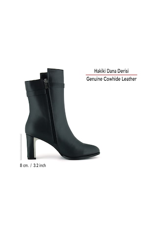 Erkan Saçmacı Siyah Hakiki Dana Derisi Tokalı Fermuarlı Sivri Burun Kalın Topuklu Günlük Yarım Çizme Siyah
