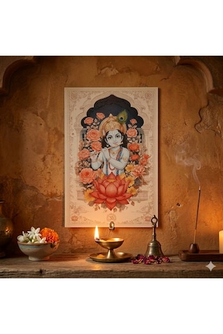 Krishna Ahşap Tablo - Hint Tanrısı & Yoga Sunak Dekoru - 16x24 Cm Özel Baskı Spiritüel Sanat