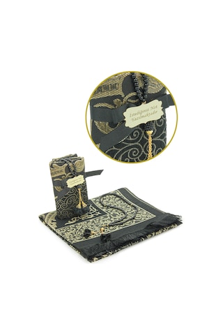 Hediyelik İsme Özel Tesbihli Seccade Seti Siyah Siyah