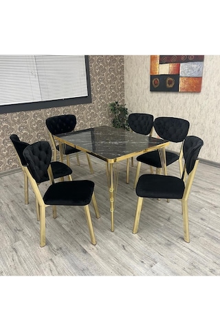 Mutfak Masa Sandalye Takımı Akuamarin 80-120 Ck Gold 6 Kişilik Mutfak Masası Takımı Siyah Mermer