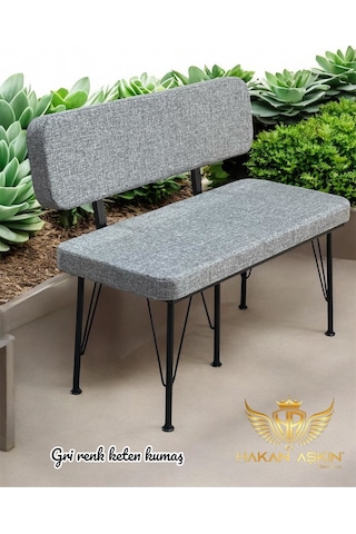 By Hakan Aşkın Siyah Metal Ayaklı Metal Alt Kasalı Keten Orta Ton Gri 2025 Sırtlı Bench Bank Gri Keten