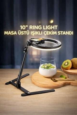 10 Masaüstü Ring Light Çekim Standı 30-47,5 Cm Ayarlanabilir Yükseklik, Telefon Tutuculu Ürün Video & Fot