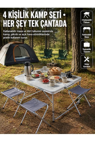 Katlanabilir Kamp Masası Ve 4 Tabure Seti Taşınabilir Alüminyum Gövdeli Piknik Masası Sarı