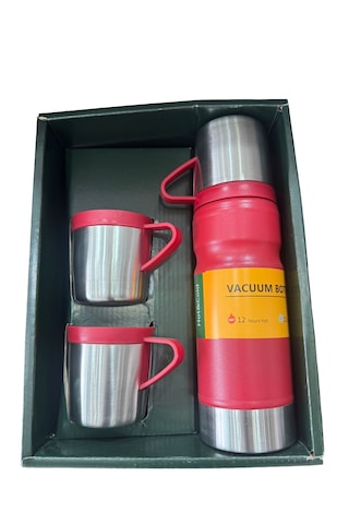 Thermohis 6158 Çelik Termos 3 Bardaklı Set Kırmızı