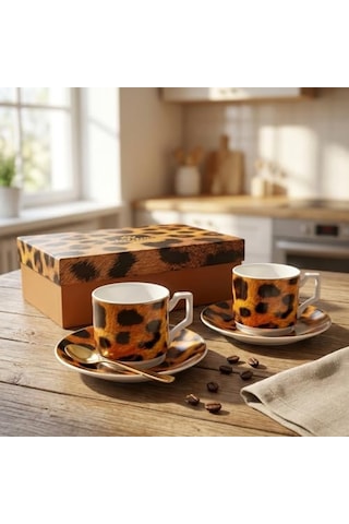 2'li Porselen Kahve Fincanı Takımı - 100 Cc Leopar Desenli Altın Yaldızlı Premium Türk Kahvesi Ve Espresso Fincan Diğer
