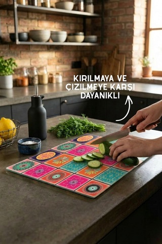 Etnik Desenli Cam Kesim Tahtası - 25x35cm -dayanıklı Ve Pratik Kesim Matı Çok Renkli