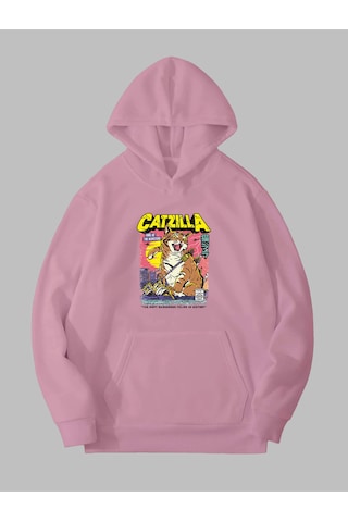 Harmandar Üç İplik Catzilla Baskılı Unisex Pembe Kanguru Cepli Kapüşonlu Sweatshirt Hoodie Catzillapembesweat