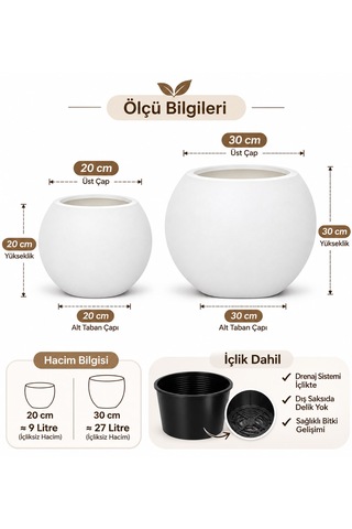 2 Li Küresel Saksı Seti Beyaz 20 Cm Ve 30 Cm Dekoratif Saksı, Siyah İçlikli, Modern Yuvarlak Saksı Takımı -