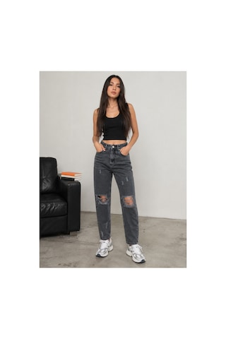 Bluemarlin Yüksek Bel Tam Kalıp Diz Lazer Yırtık Kar Siyah Mom Kot Pantolon Jeans Kar Siyah