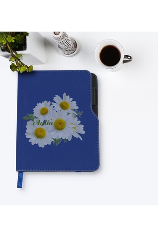Kişiye Özel Papatya Temalı Lacivert Termo Deri Defter-12
