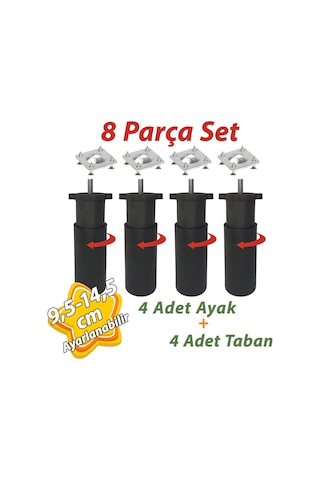 4 Adet Destek Ayağı 9,5-14,5 Cm Siyah Ve 4 Adet Metal Düz Ayak Tabanı M8 Civatalı İnce Diş Mobilya Kanepe Baza Koltuk Seti
