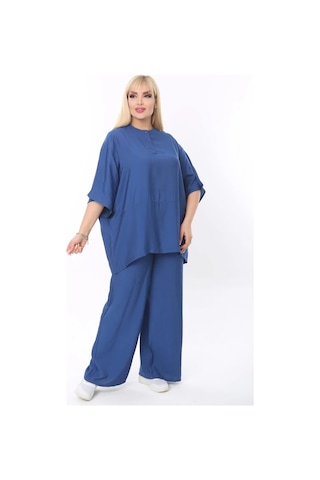 Mia Butik Büyük Beden Mavi Yuvarlak Yaka Salaş Takım Mavi