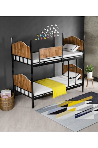 Ejder metal Metal Ahşaplı Ranza Siyah-ceviz Renk (YATAKSIZ)