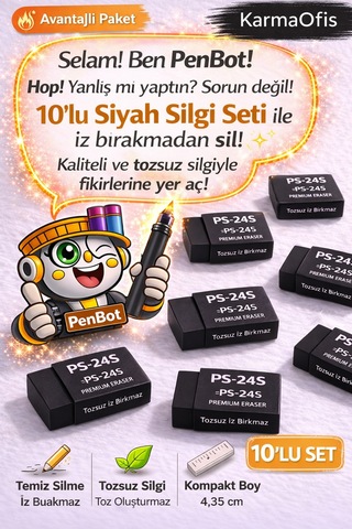 10'lu Siyah Silgi Seti Ps-24s Tozsuz İz Bırakmayan Yumuşak Silgi Okul Ofis Çizim Silgisi