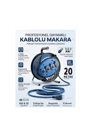 Seyyar Kablo Makarası 3x2.5 Mm 20 Metre 4'lü Topraklı Priz Uzatma Kablosu 20 M