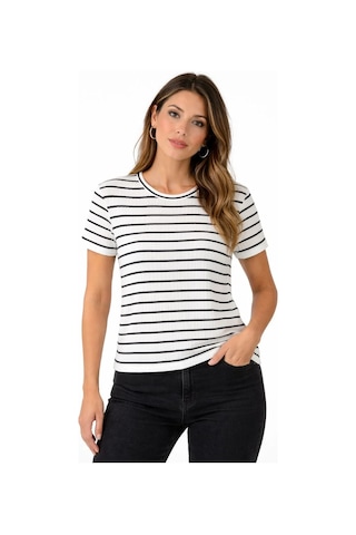 Tarzyeri Kadın Çizgili Yazlık Triko T-shirt Bisiklet Yaka Rahat Kalıp Tişört - Beyaz Çok Renkli
