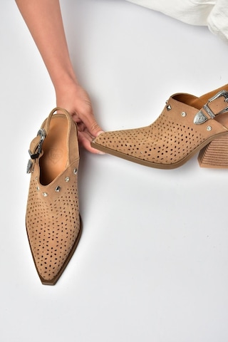 Fox Shoes Y654329102 Vizon Hakiki Deri Süet Zımba Detaylı Western Topuklu Ayakkabı