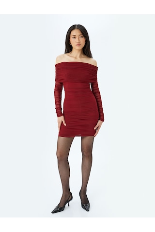 Koton Madonna Yaka Drapeli Uzun Kollu Slim Fit Tül Bodycon Elbise Bordo 5wak80100fk Bordo