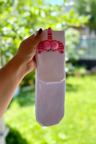 Lousocks Unisex Beyaz Kedi Desenli Ponpon Soket Çorap