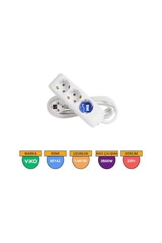 Viko Multi-let 3'lü Grup Priz Topraklı Çocuk Korumalı 5 Metre Beyaz - 90113305