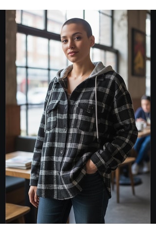 Gala Çizgili Kapüşonlu Unisex Çocuk Gömlek Siyah