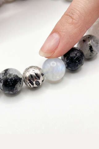 Hakiki Doğal Ay Taşı Bileklik 8 Mm Orijinal Doğal Taş Kadın Erkek Küre Kesim Beyaz - Siyah