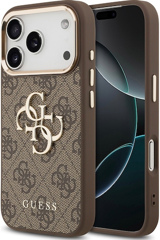 Apple Uyumlu iPhone 17 Pro Max Kılıf Guess Lisanslı Gold Metal Kamera Çerçeveli Metal Büyük 4g Yazı Logolu Kahve
