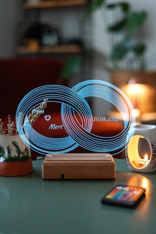 Sevgiliye Özel 3D Alyans Nişan Yüzükleri Masaüstü Led Lamba