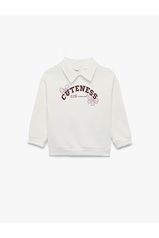 Koton Uzun Kollu Üç İplik Şardonlu Fiyonk Baskılı Polo Yaka Sweatshirt Ekru 7wmg10127ak