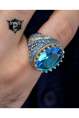 Gümüş Erkek Yüzük Aqua Marine Taşlı