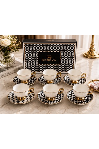 Premium Porselen 6 Kişilik Türk Kahvesi Fincan Takımı Gold Detaylı Modern Desenli Şık Hediye Seti Çok Renkli