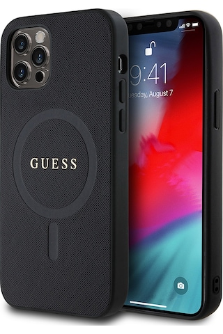 Apple Uyumlu iPhone 12 Pro Kılıf Guess Lisanslı Magsafe Şarj Özellikli Yazı Logolu Saffiano Classic Kapak Siyah