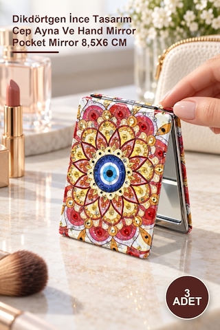 3 Adet Taşlı El Aynası Dikdörtgen İnce Tasarım Cep Ayna Ve Hand Mirror Pocket Mirror 8,5x6 Cm