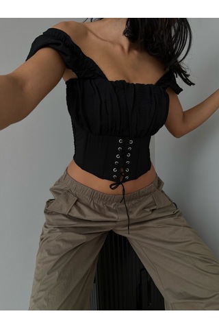 Herton Kadın Düşük Omuz Drapeli Bustiyer Bağcıklı Korse Görünümlü Şık Crop Top Çok Renkli