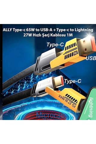 65w 4in1 Naylon Örgülü 1 Metre Pd Hızlı Şarj Kablosu Al5187