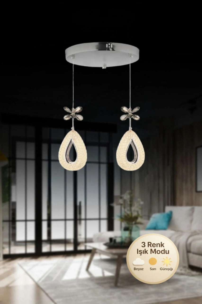Damla Model 2'li Gümüş 3 Renk Modu Ledli Kristal Taşlı Modern Salon Mutfak Oturma Odası Led Avize Metalik